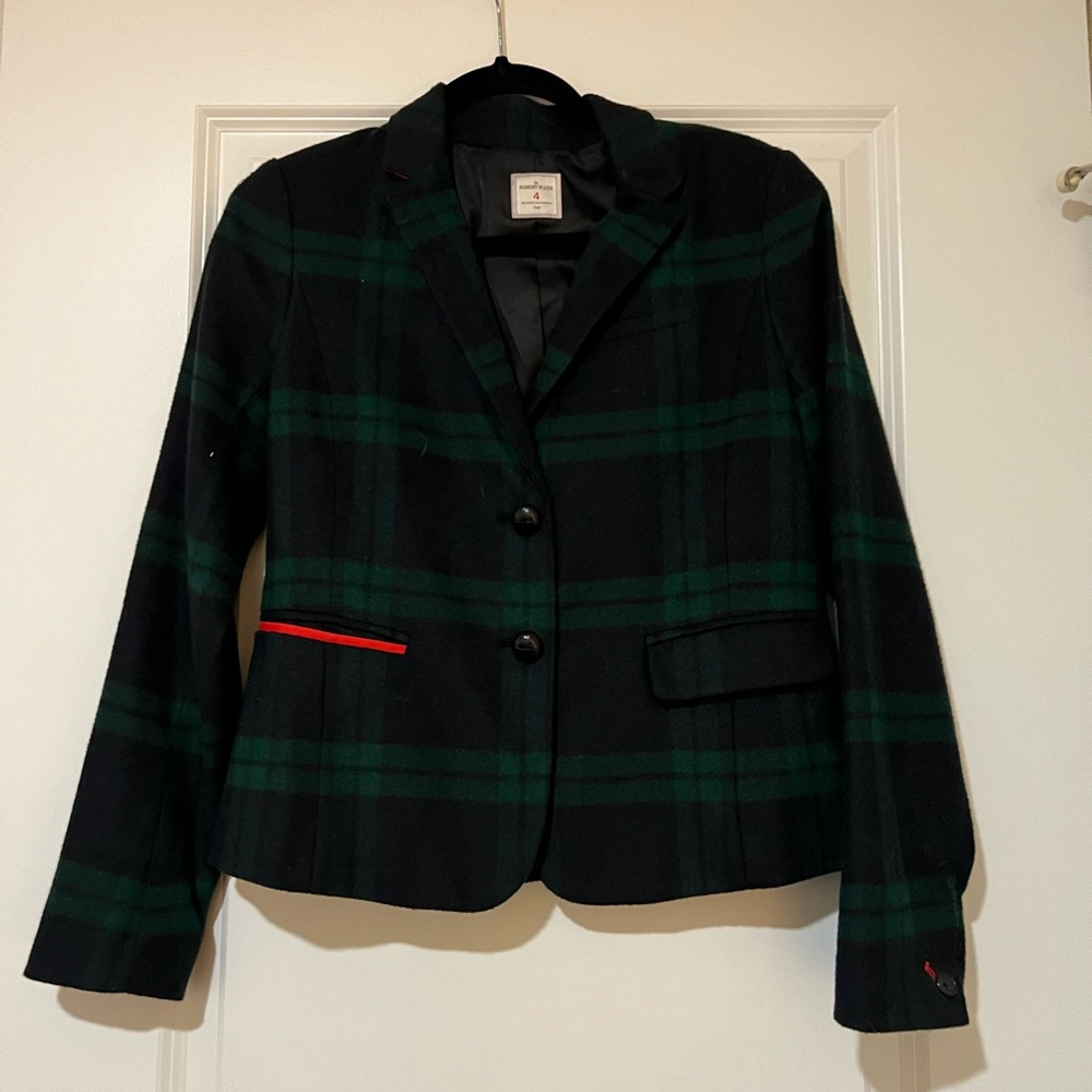 J crew size 4 flannel dark green blazer with accents